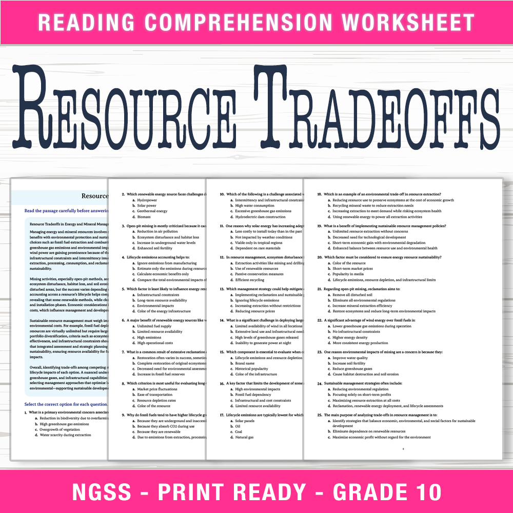 Grade 10 Science worksheet worksheet — Grade 10 Science | Resource Tradeoffs Worksheet (PDF + Answer Key) — page 1