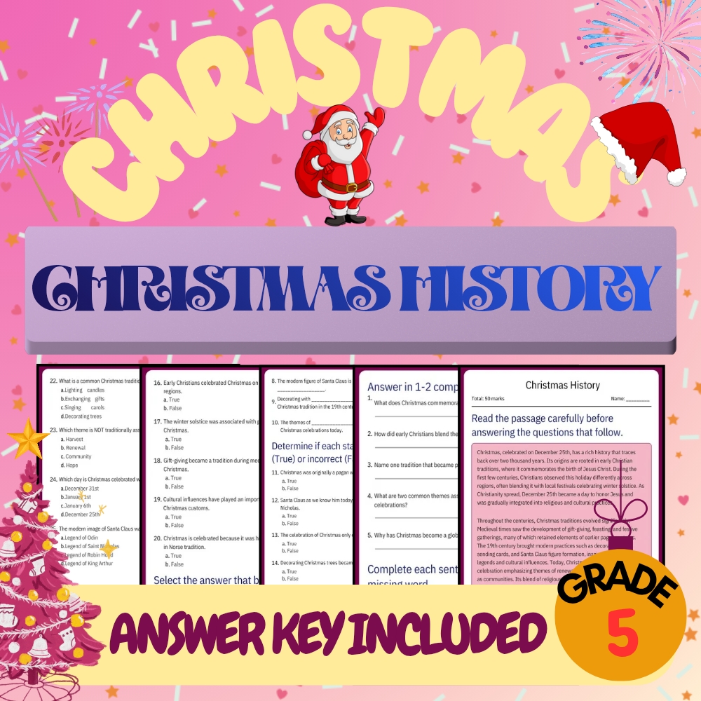 Grade 5 Seasonal Worksheet – Christmas History & Traditions PDF + Answer Key