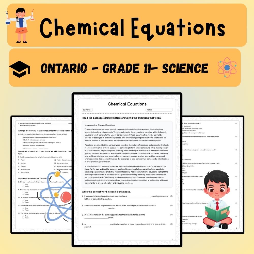 Grade 11 Science worksheet worksheet — Grade 11 Science | Chemical Equations Worksheet (Answer Key) - Ontario Standard — p…