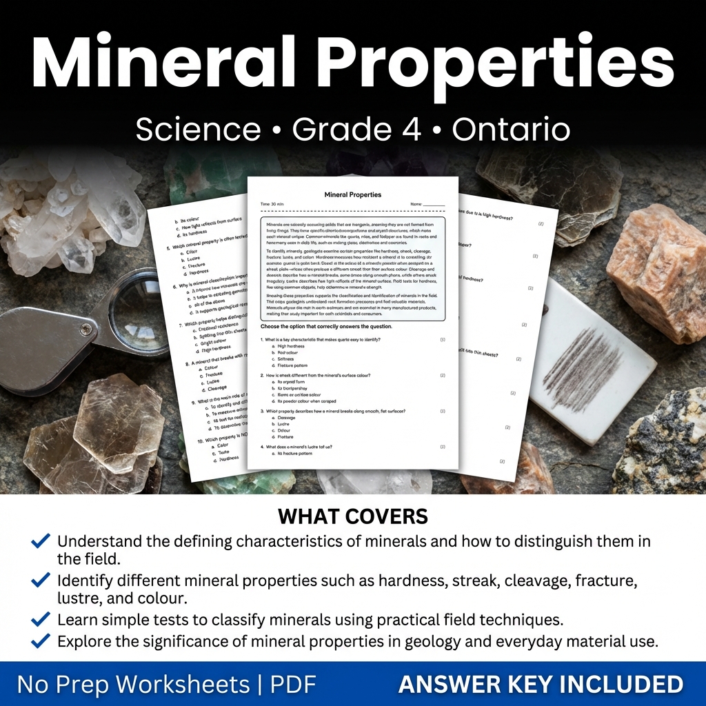 Mineral Properties Worksheet for Grade 4 Science | Ontario Standards