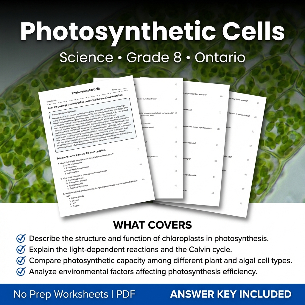 Photosynthetic Cells Worksheet for Grade 8 Science | Ontario Standards