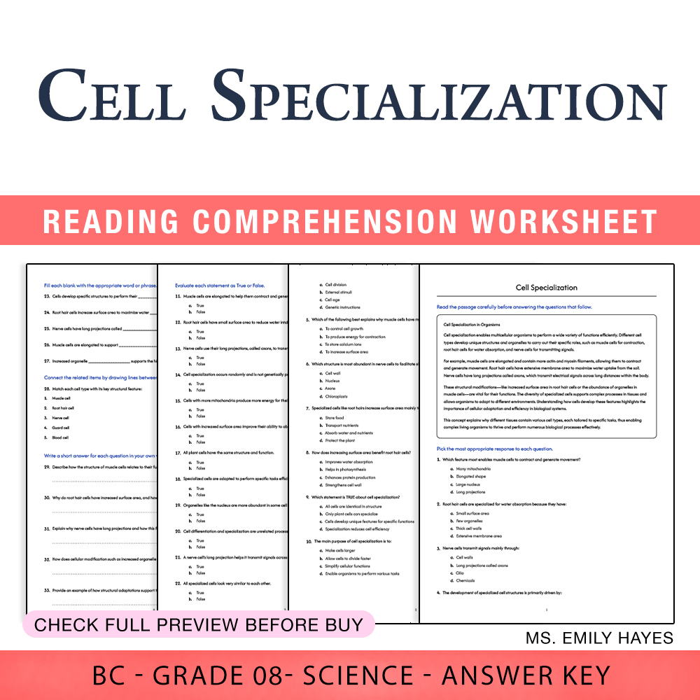 Grade 8 Science worksheet worksheet — 8th Grade Science | Cell Specialization Worksheet (PDF+ Answer Key) — page 1