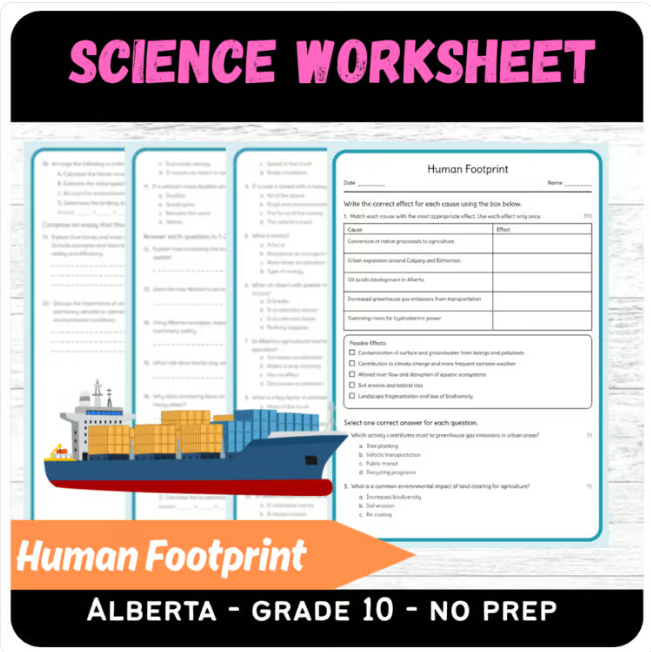Grade 10 Science science 1 worksheet — Grade 10 Science – Human Footprint Worksheet (PDF) | Alberta Standards