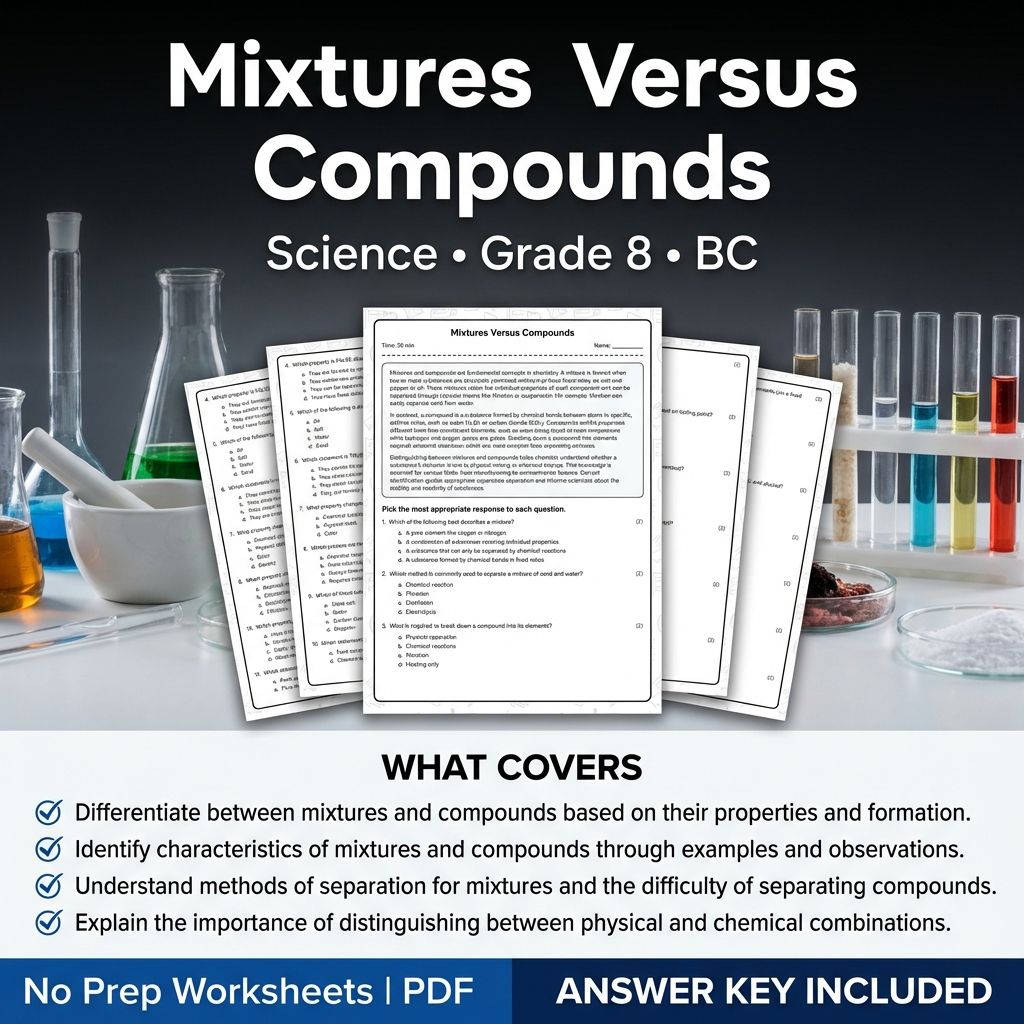 Grade 8 Science | Mixtures Versus Compounds Worksheet & Answer Key (PDF)