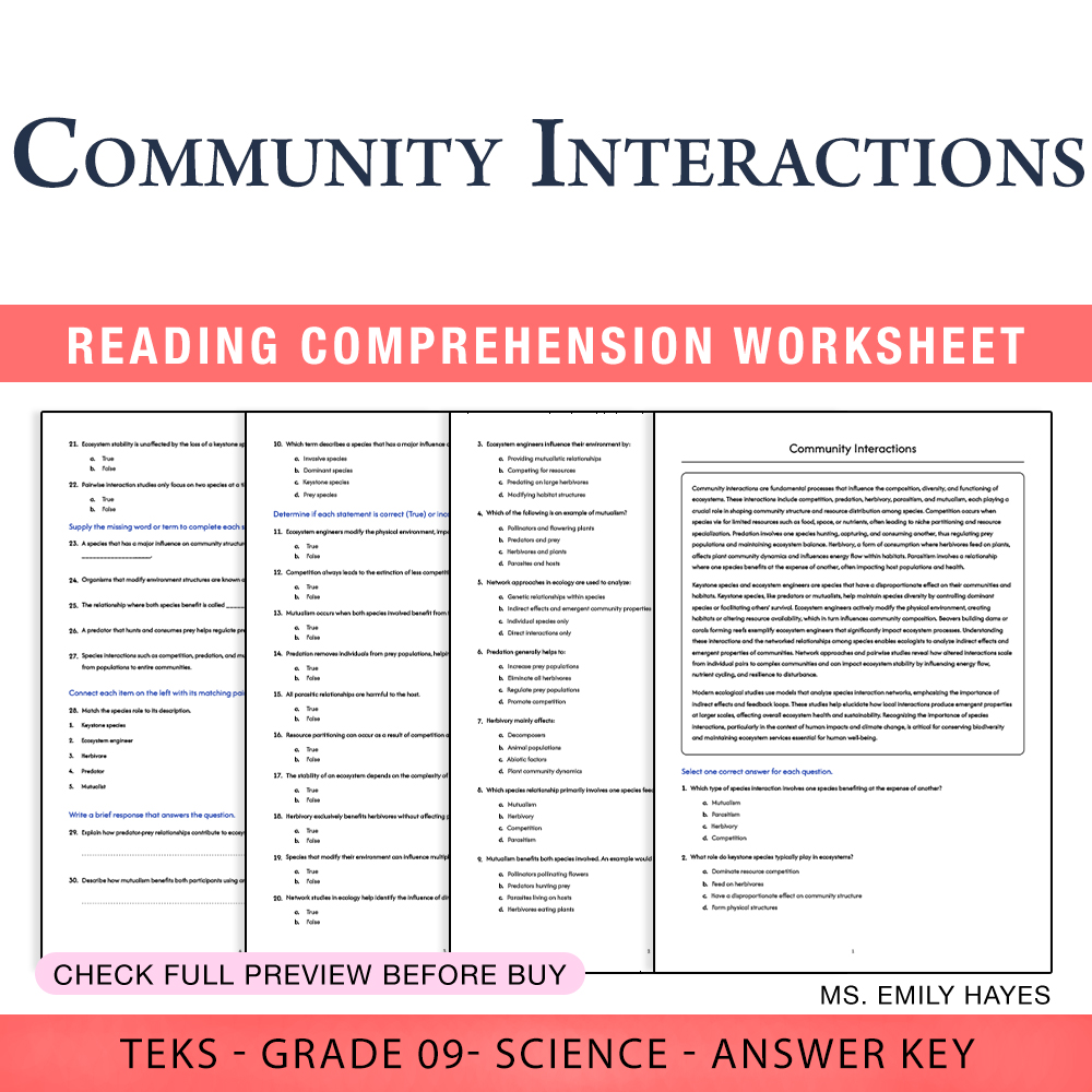 Grade 9 Science worksheet worksheet — 9th Grade Science | Community Interactions Worksheet (PDF+ Answer Key) — page 1