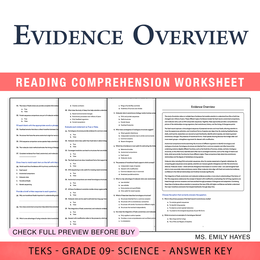 Grade 9 Science worksheet worksheet — 9th Grade Science | Evidence of Evolution Worksheet (PDF+ Answer Key) — page 1