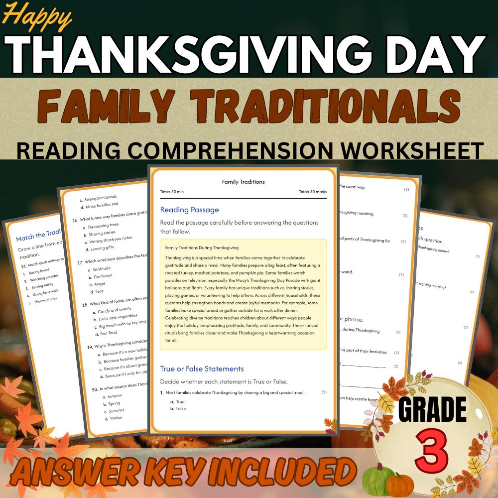 Grade 3 | Happy Thanksgiving Worksheet for Family Traditions | PDF + Answer Key