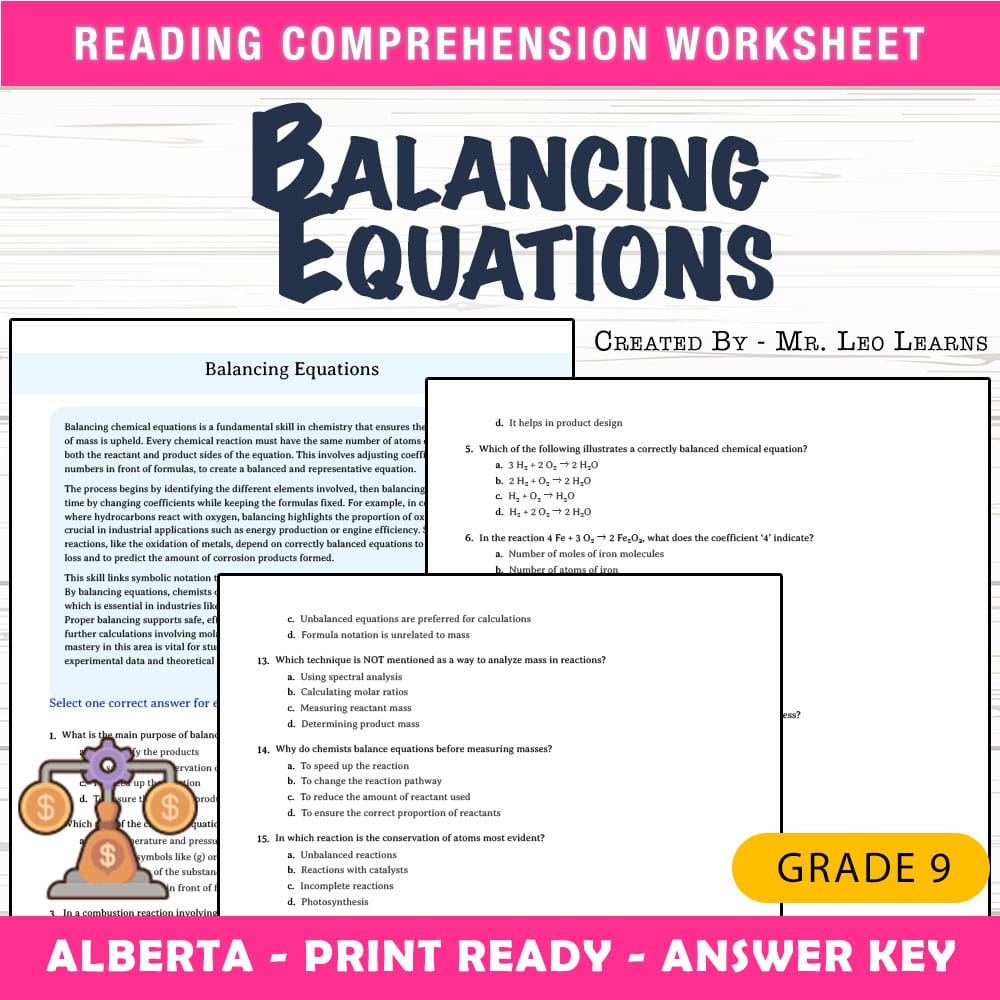 Grade 9 Science worksheet mcq paper worksheet — Grade 9 Science — Worksheet MCQ Paper for Mastering Balancing Equations —…
