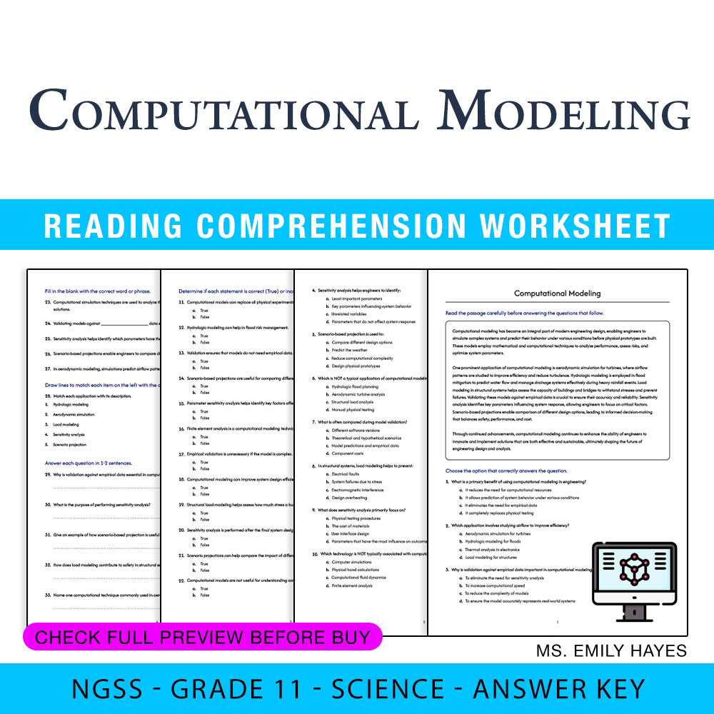 Grade 11 Science worksheet worksheet — 11th Grade Science | Computational Modeling Worksheet (PDF+ Answer Key) — page 1