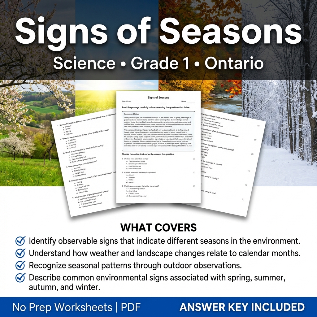 Signs of Seasons Grade 1 Science Worksheet | Ontario Standards Practice