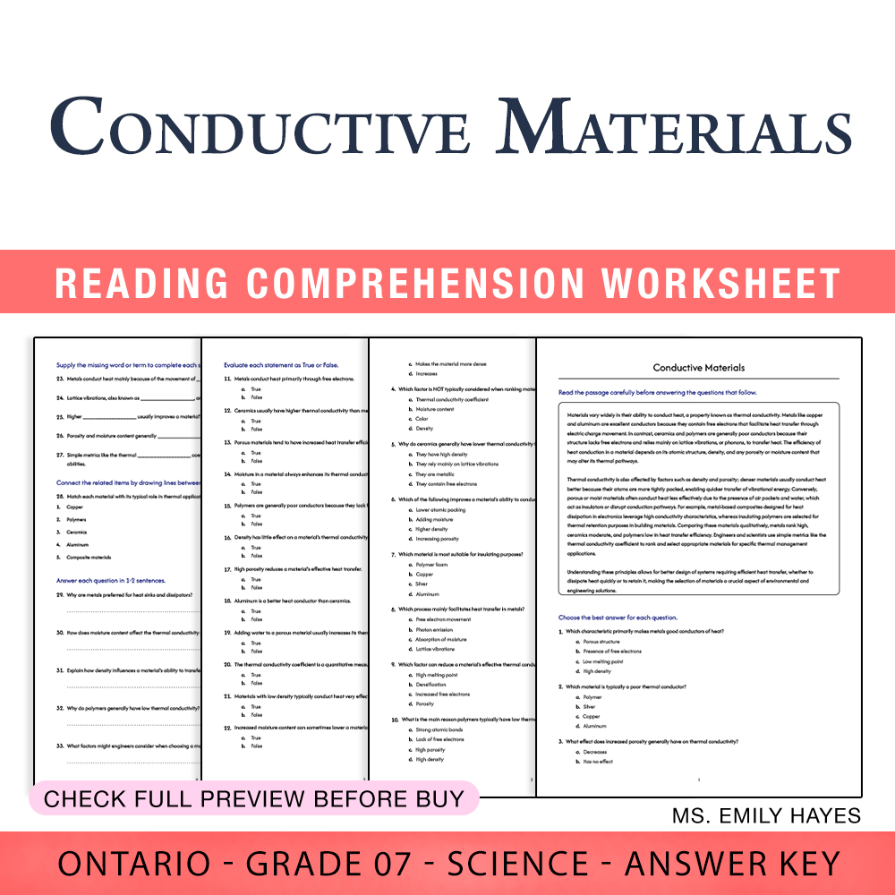 Grade 7 Science worksheet worksheet — 7th Grade Science | Conductive Materials Worksheet (PDF+ Answer Key) — page 1