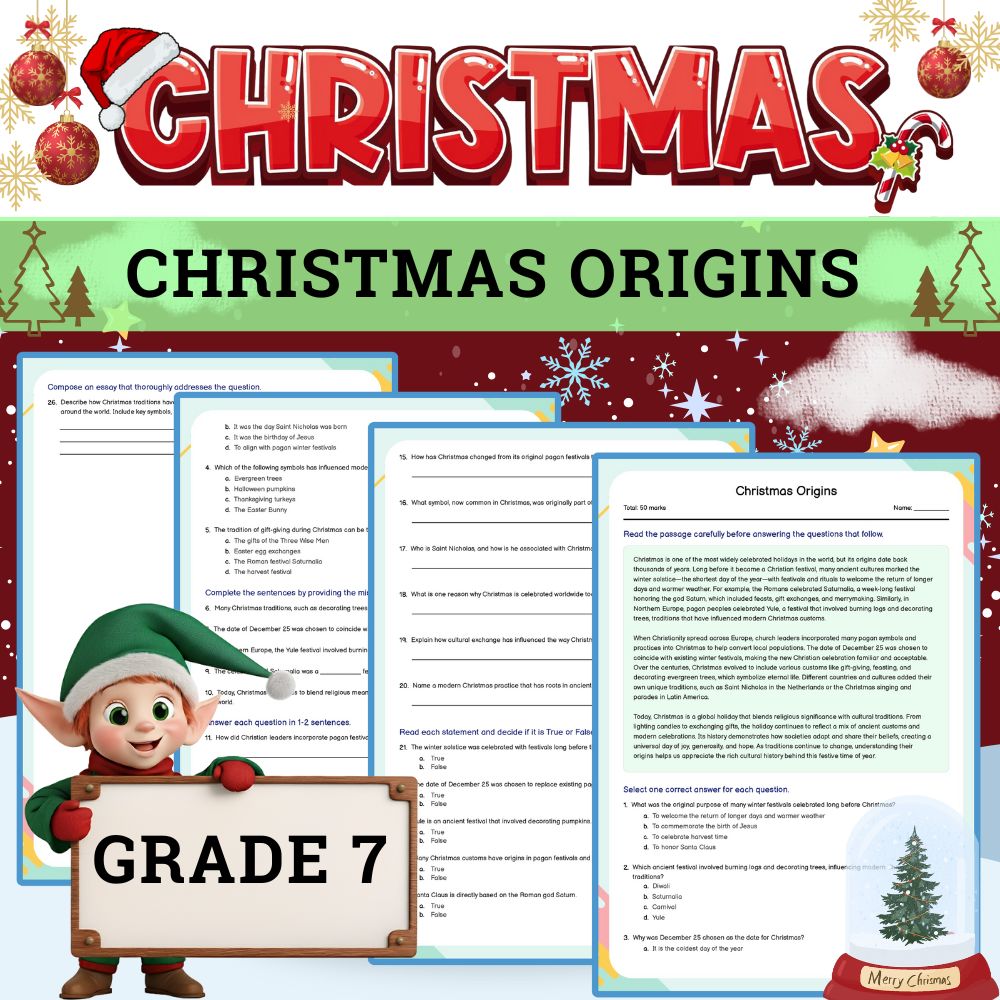 Grade 7 Seasonal Education |Christmas Origins Worksheet (Worksheet + Answer Key)