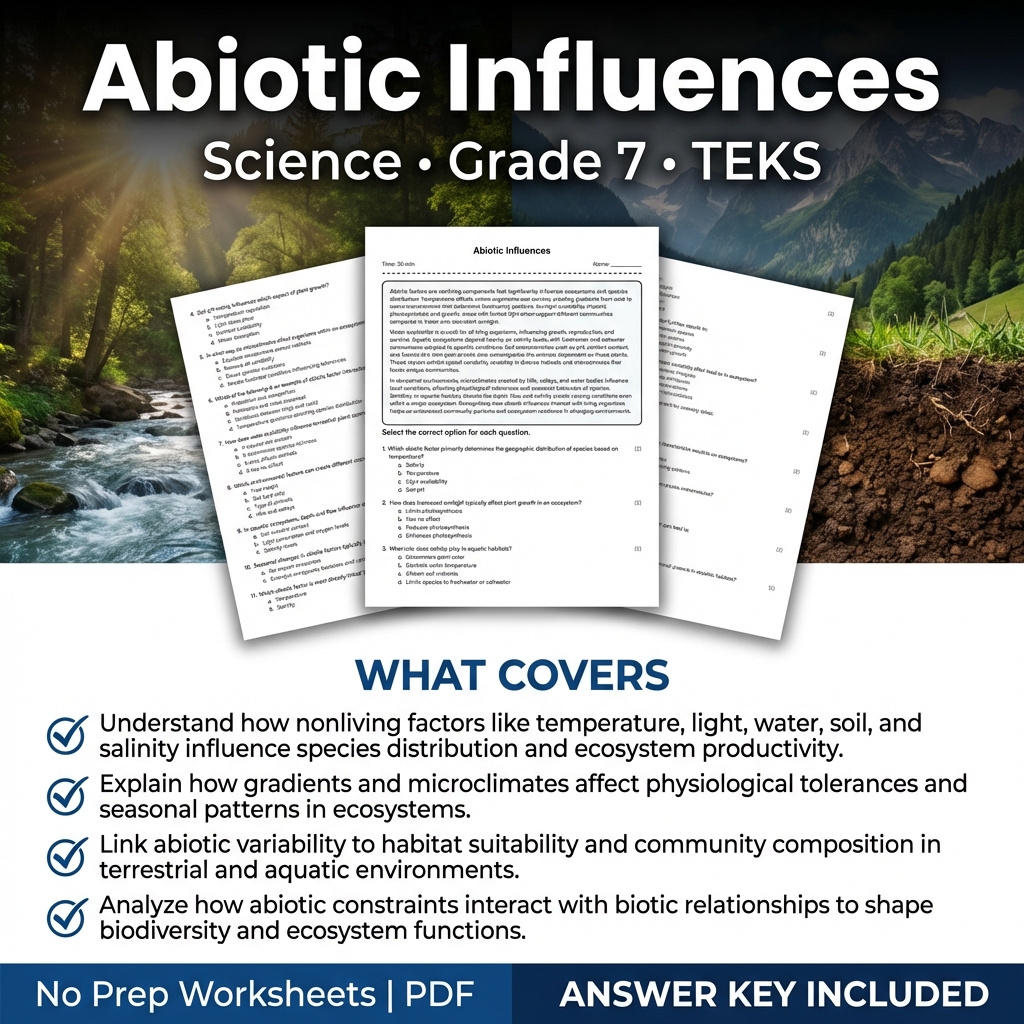 Grade 7 Science worksheet — Grade 7 Science Worksheet on Abiotic Influences | TEKS Standards Practice