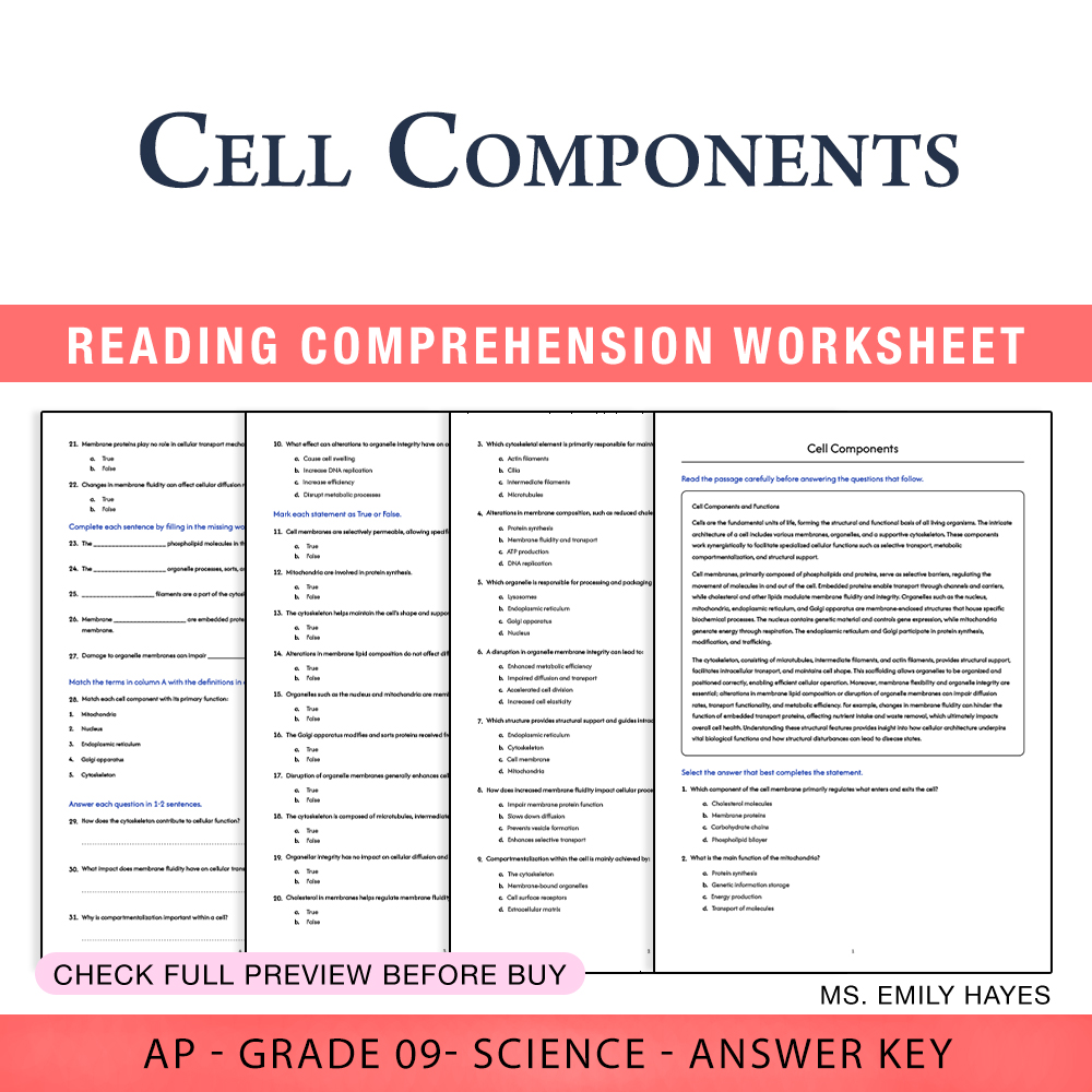 Grade 9 Science worksheet worksheet — 9th Grade Science | Cell Components Worksheet (PDF+ Answer Key) — page 1