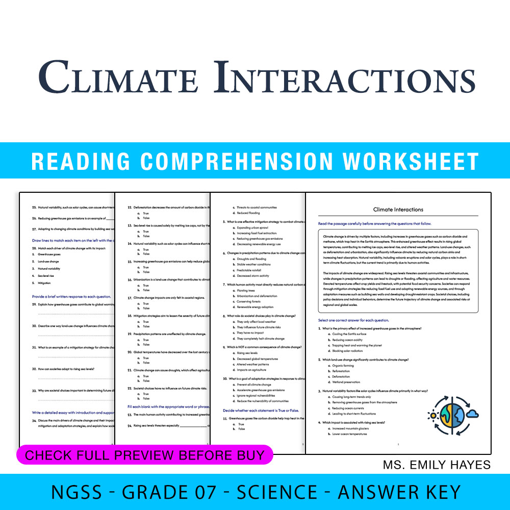Grade 7 Science worksheet worksheet — 7th Grade Science | Climate Interactions Worksheet (PDF+ Answer Key) — page 1