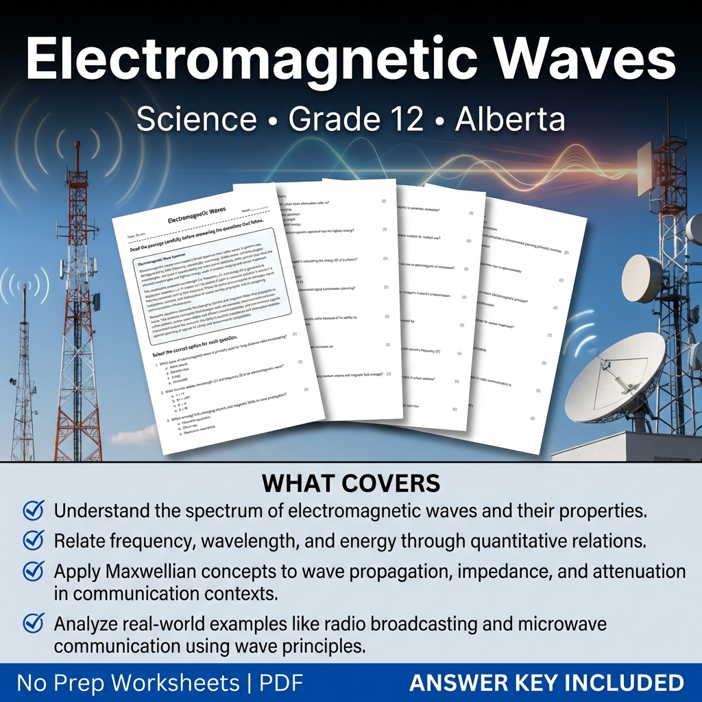 Electromagnetic Waves Worksheet | Science Practice for Grade 12 Alberta
