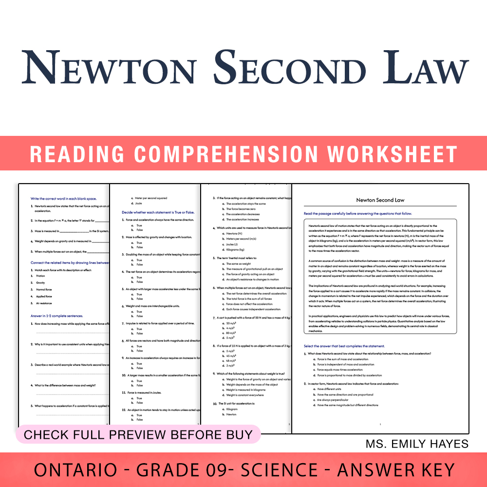 Grade 9 Science worksheet worksheet — 9th Grade Science | Newton Second Law Worksheet (PDF + Answer Key) — page 1