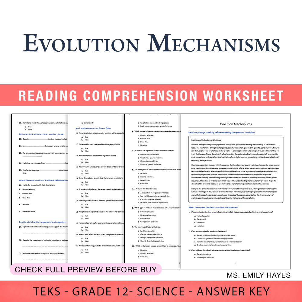 Grade 12 Science worksheet worksheet — 12th Grade Science | Evolution Mechanisms Worksheet (PDF+ Answer Key) — page 1