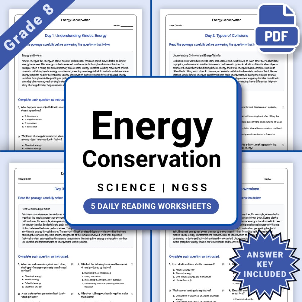 Grade 8 Science daily reading worksheet worksheet — Grade 8 Science – Energy Conservation Worksheet(PDF + Answer Key) — pa…