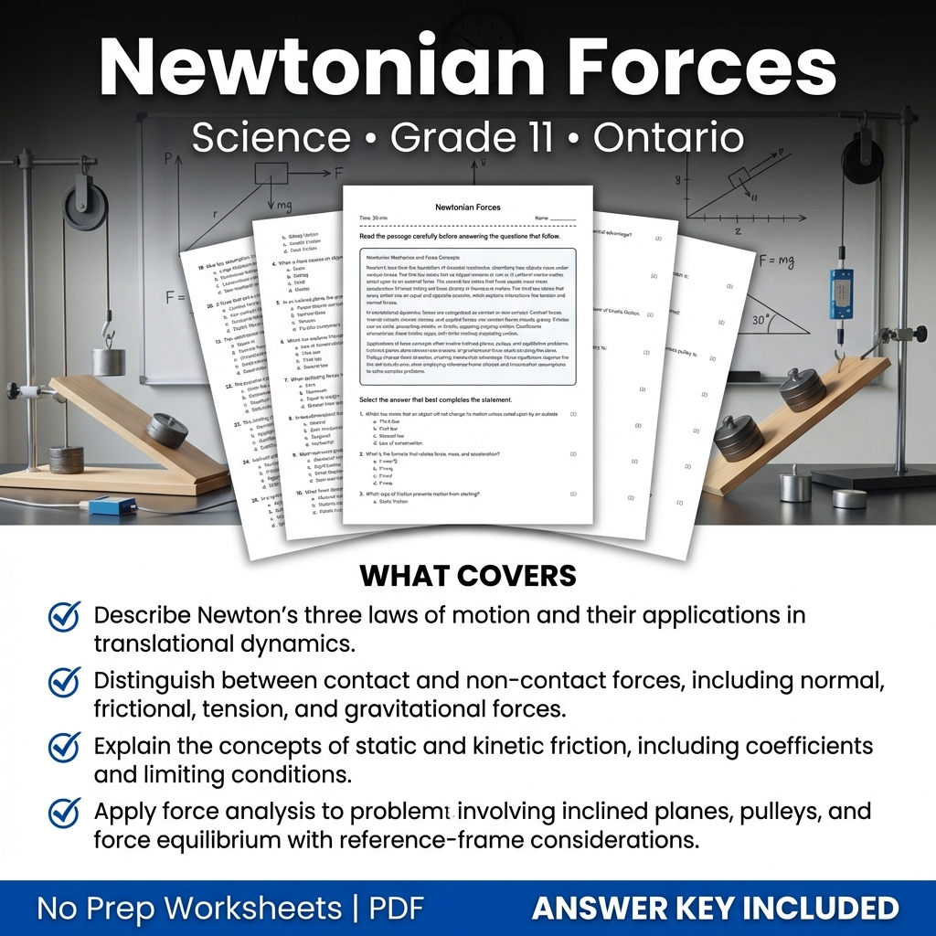 Newtonian Forces Worksheet for Grade 11 Science | Ontario Standards