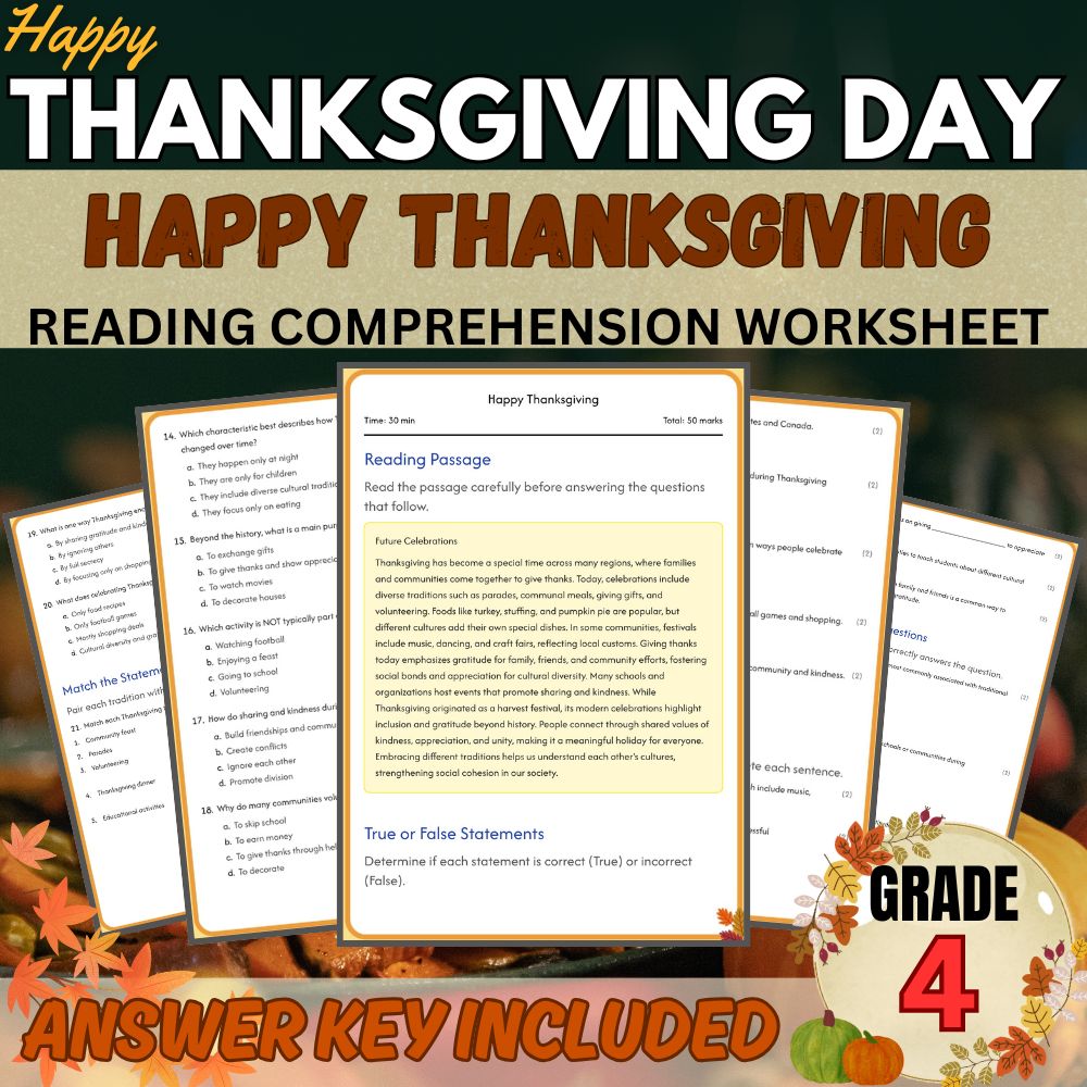 Grade 4 Seasonal | Happy Thanksgiving Worksheet for Mastery | PDF + Answer Key