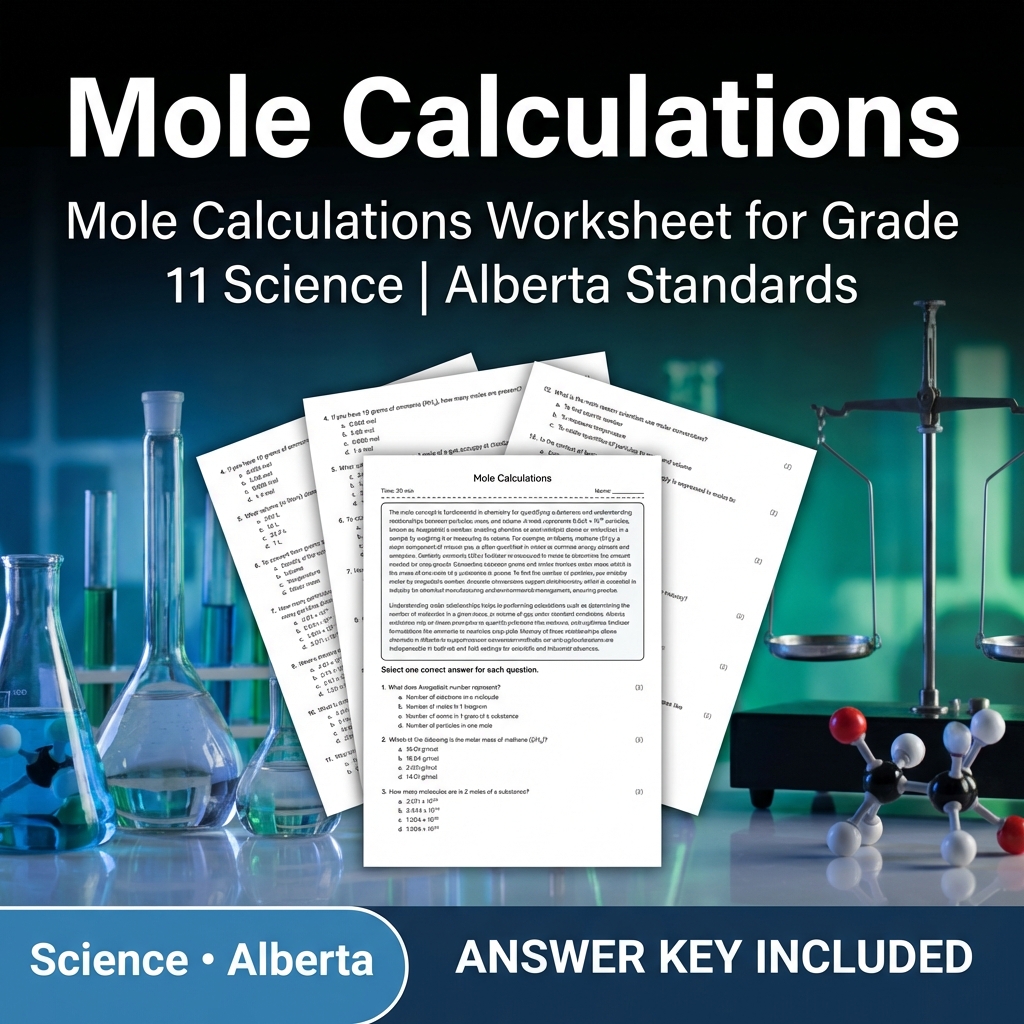 Mole Calculations Worksheet for Grade 11 Science | Alberta Standards