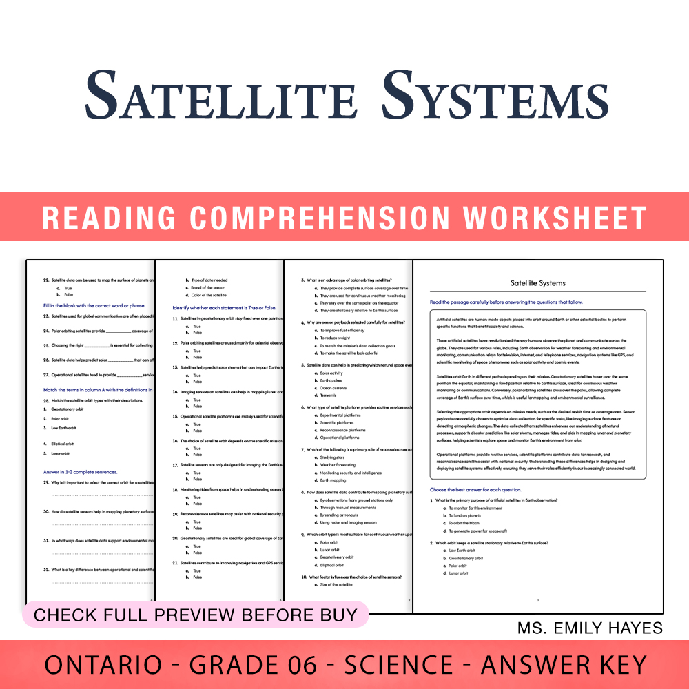 Grade 6 Science worksheet worksheet — 6th Grade Science | Satellite Systems Worksheet (PDF + Answer Key) — page 1