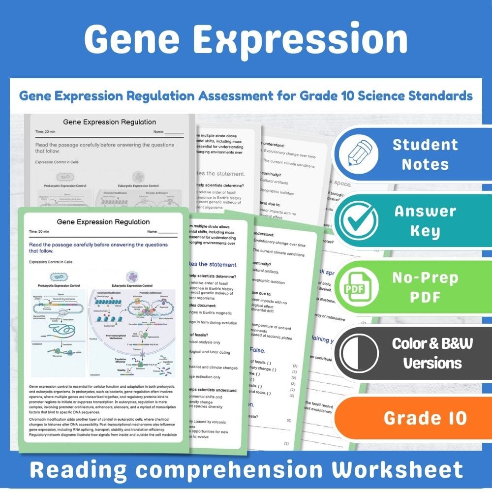 Grade 10 Science assessment worksheet — Gene Expression Regulation Assessment for Grade 10 Science Standards — page 1