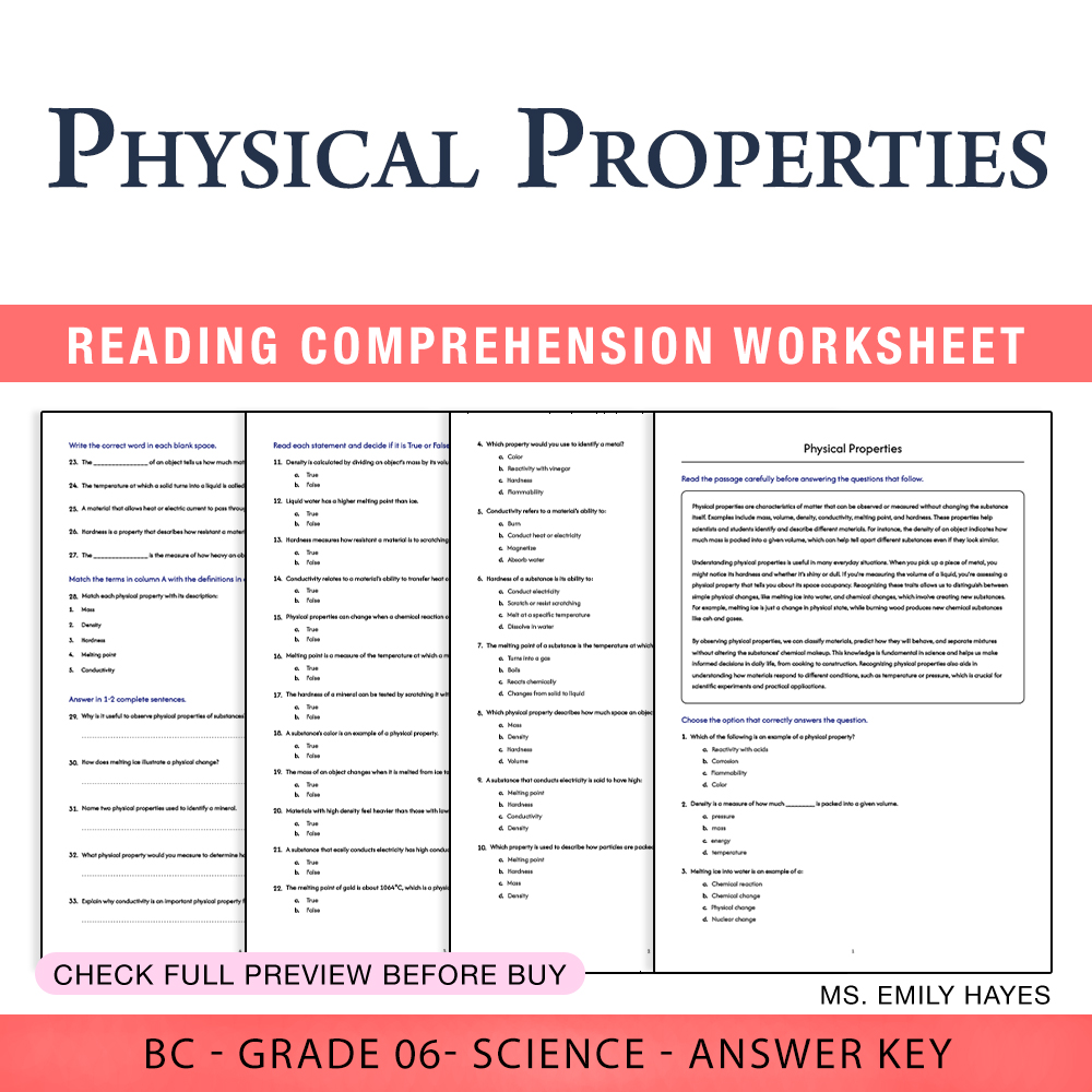 Grade 6 Science worksheet worksheet — 6th Grade Science | Physical Properties Worksheet (PDF+ Answer Key) — page 1