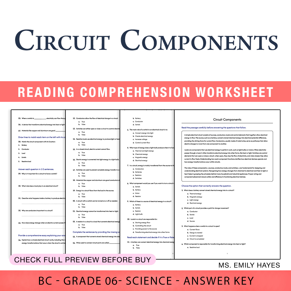 Grade 6 Science worksheet worksheet — 6th Grade Science | Circuit Components Worksheet (PDF+ Answer Key) — page 1