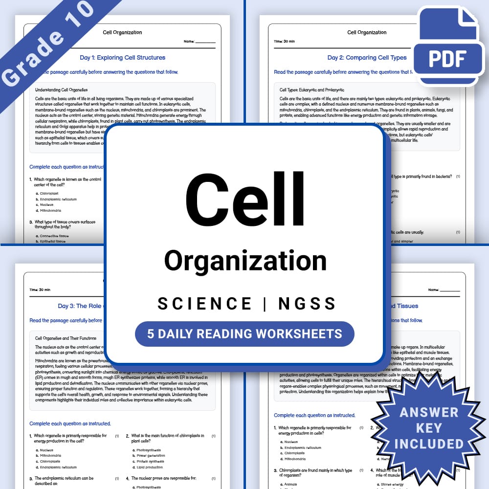 Grade 10 Science daily reading worksheet worksheet — Grade 10 Science – Cell Organization Worksheet (PDF +Answer Key) — pa…