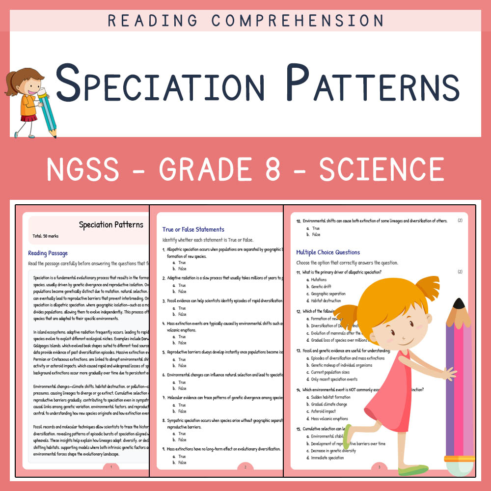 Grade 8 Science worksheet worksheet — Grade 8 Science | Speciation Patterns Worksheet & Answer Key (NGSS Aligned) — page 1
