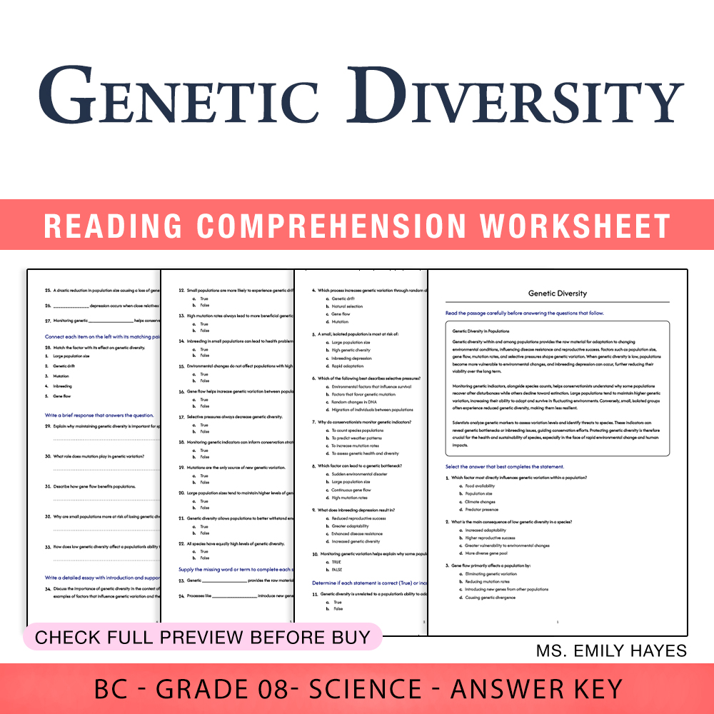 Grade 8 Science worksheet worksheet — 8th Grade Science | Genetic Diversity Worksheet (PDF+ Answer Key) — page 1