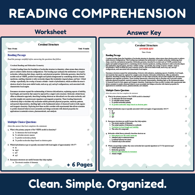 Grade 11 Science reading worksheets worksheet — Grade 11 Science | Covalent Structure Reading Worksheet with Answer Key (P…