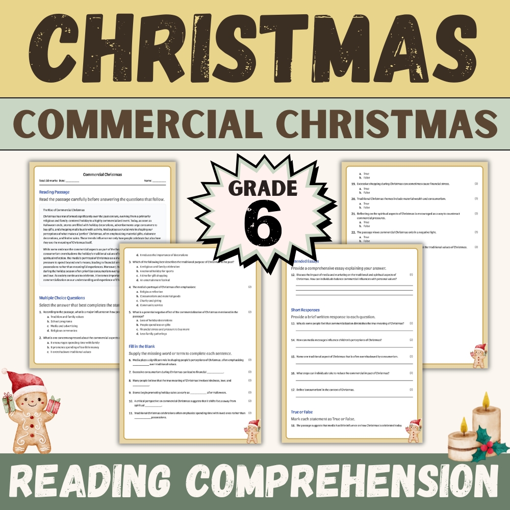 Grade 6 Seasonal | Commercial Christmas Worksheet  – Holiday Standards