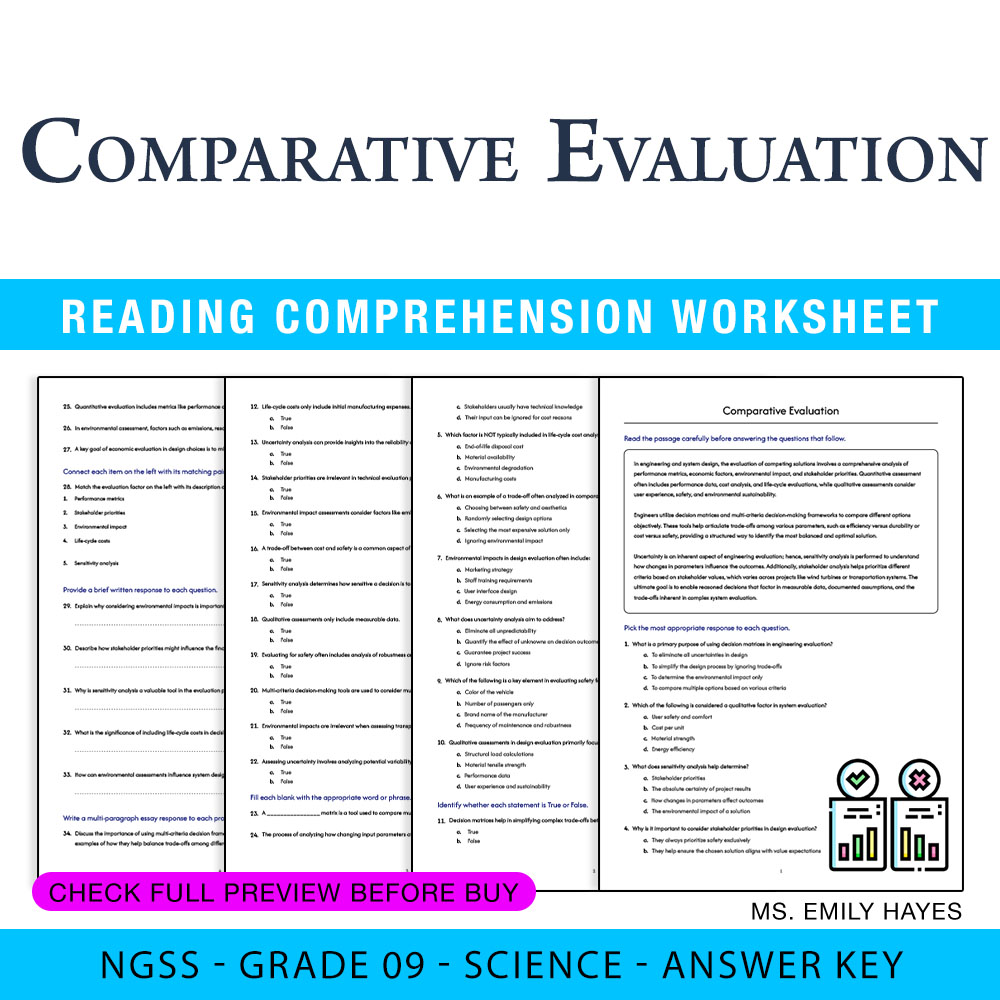 Grade 9 Science worksheet worksheet — 9th Grade Science | Comparative Evaluation Worksheet (PDF+ Answer Key) — page 1