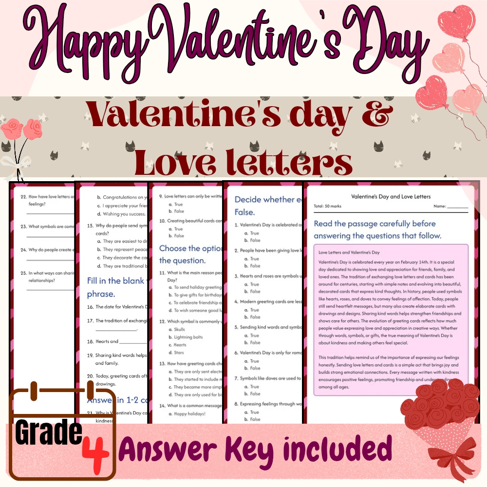 Grade 4 Seasonal Valentine’s Day Unit | Love & Kindness Worksheets & Activities — included worksheet 4