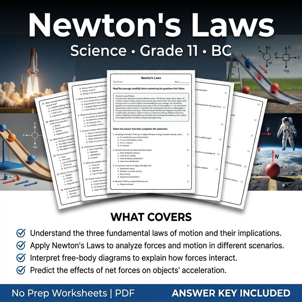 Newton's Laws Worksheet for Grade 11 Science | Printable PDF & Answer Key