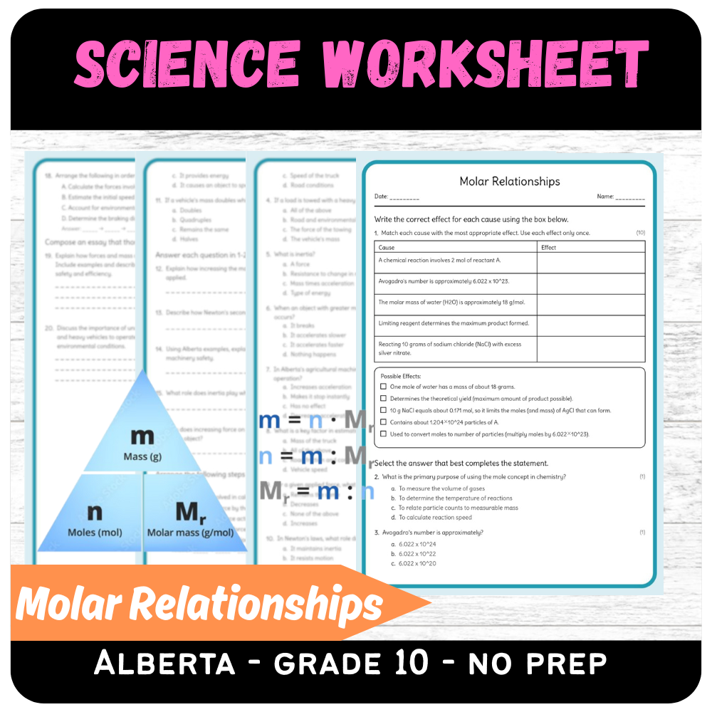 Grade 10 Science – Molar Relationships Worksheet (PDF) | Alberta Standards