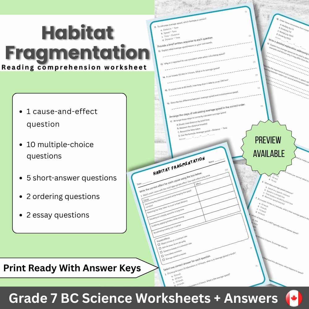 Grade 7 Science | Habitat Fragmentation Worksheet + Answer Key (PDF)