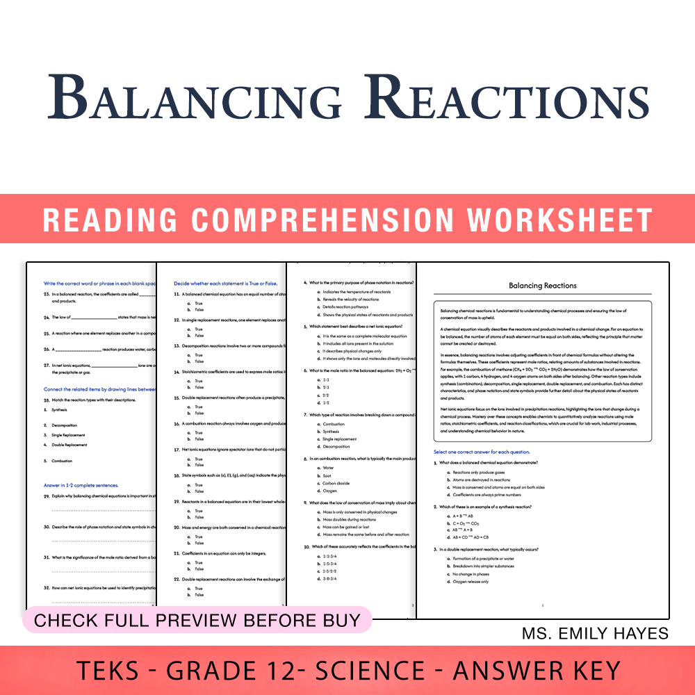 Grade 12 Science worksheet worksheet — 12th Grade Science | Balancing Reactions Worksheet (PDF+ Answer Key) — page 1