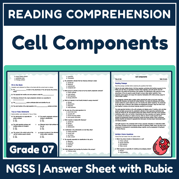 Science reading worksheets worksheet — 7th Grade Science | Cell Components Reading Worksheet & Answer Key (NGSS) — page 1