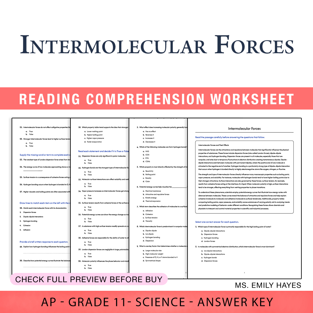 Grade 11 Science worksheet worksheet — Grade 11 Science | Intermolecular Forces Worksheet (PDF+ Answer Key) — page 1