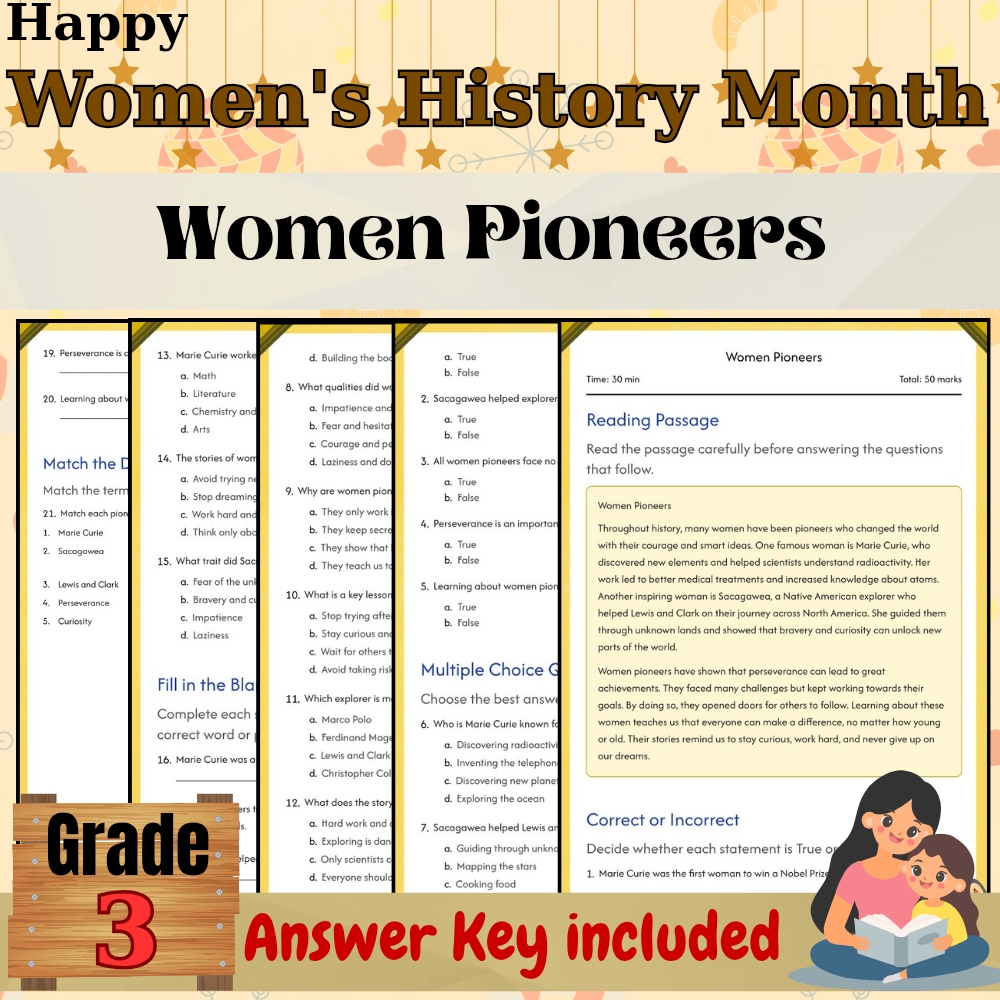 Grade 3 Women Pioneers Worksheet for Mother History Month | PDF + Answer Key