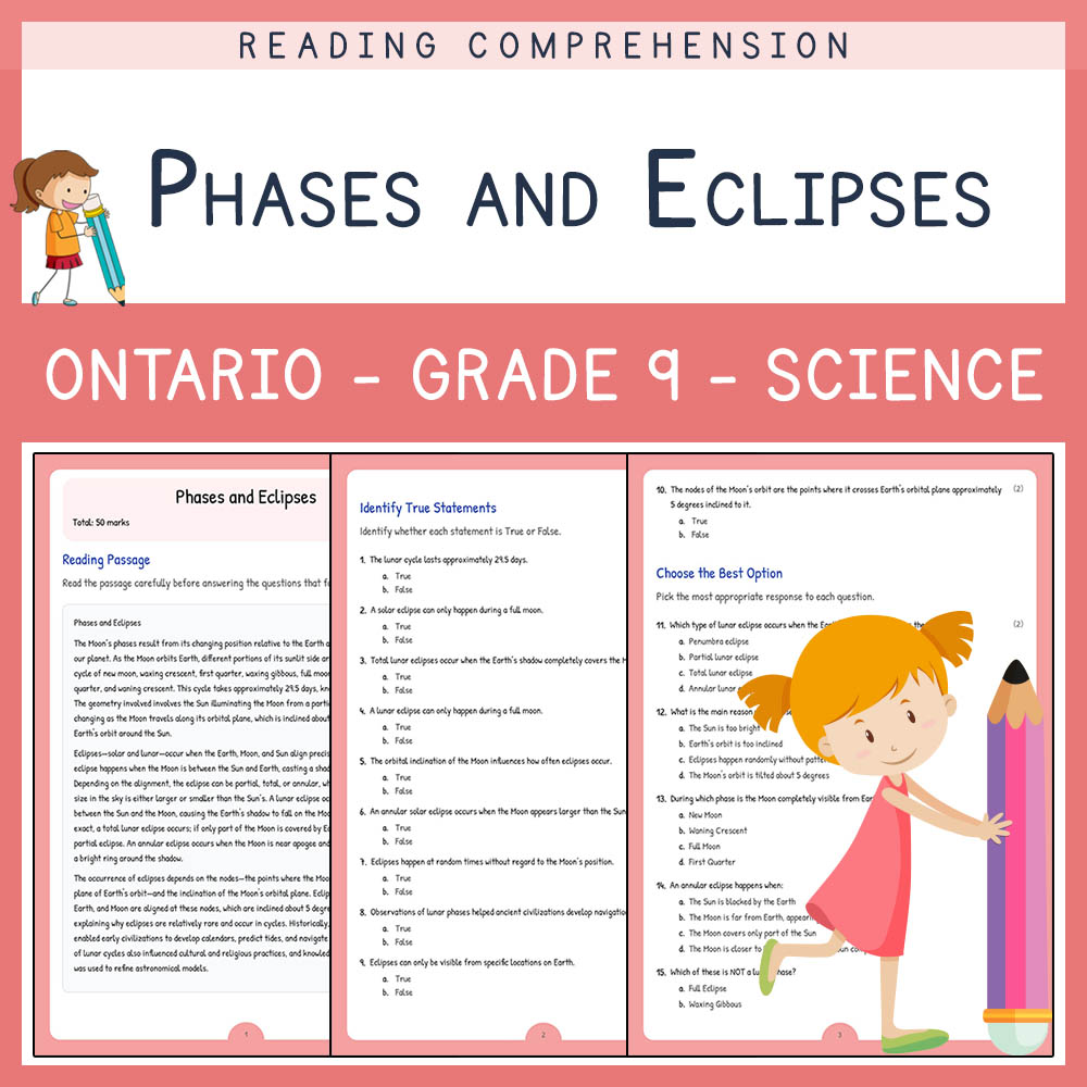 Grade 9 Science worksheet elena worksheet — Grade 9 Science | Phases and Eclipses Worksheet Elena | Ontario Standard — page 1