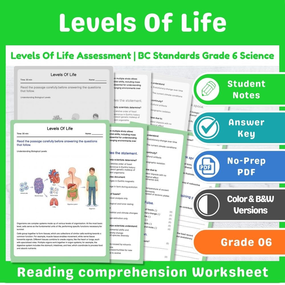 Grade 6 Science | Cell Structures & Systems Assessment – Standards-Aligned — included worksheet 12