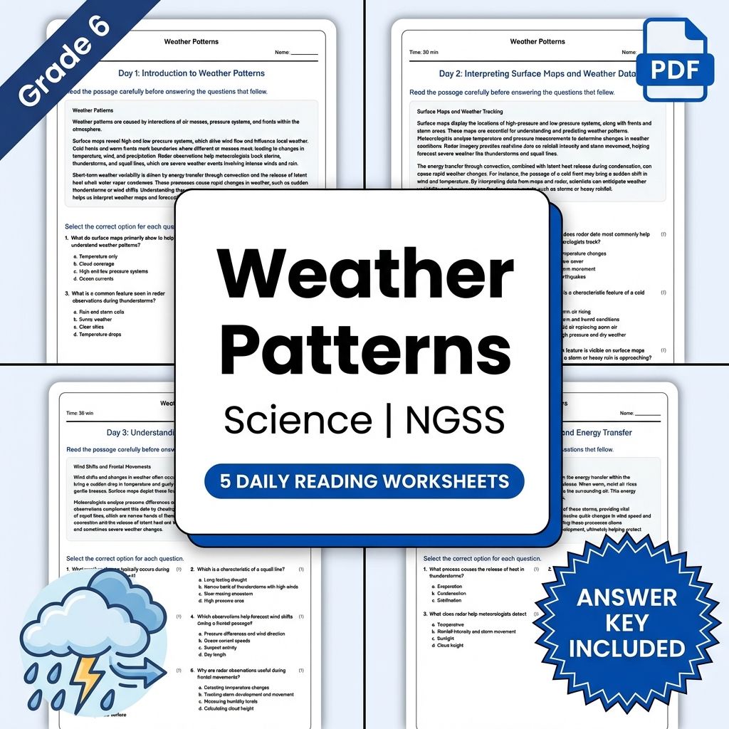 Grade 6 Science daily reading worksheet — 6th Grade Science | Weather Patterns Daily Reading Worksheet (PDF + Answer Key)