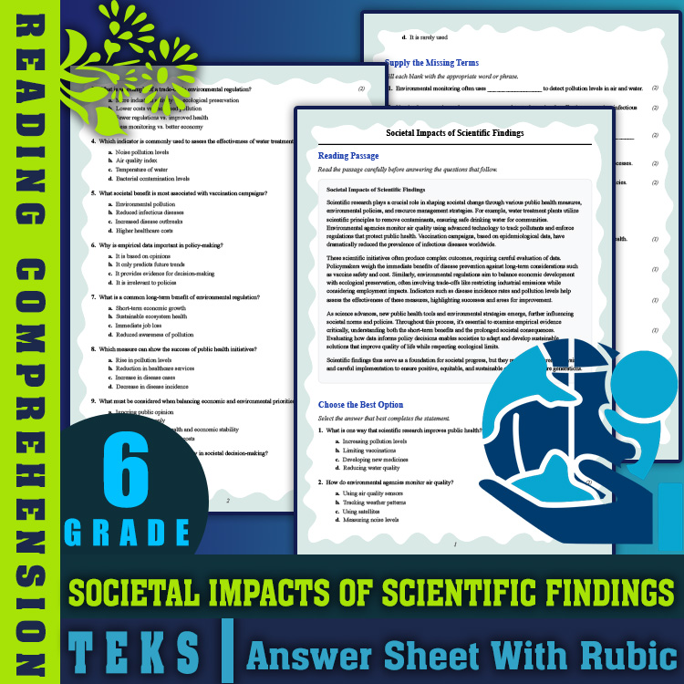 Grade 6 Science reading worksheets worksheet — Grade 6 Science | Societal Impacts of Scientific Findings Reading — page 1