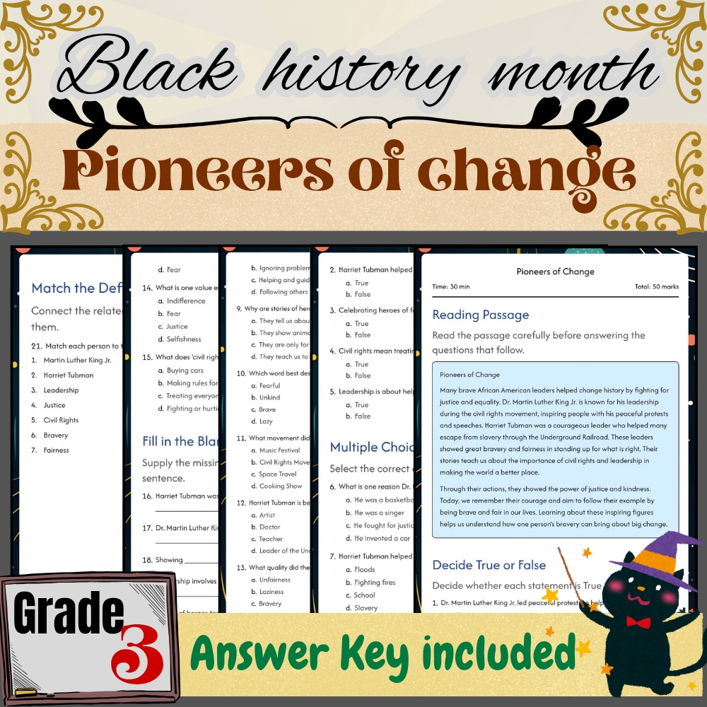 Grade3 Social Studies Black Friday Pioneers of Change Worksheet PDF + Answer Key