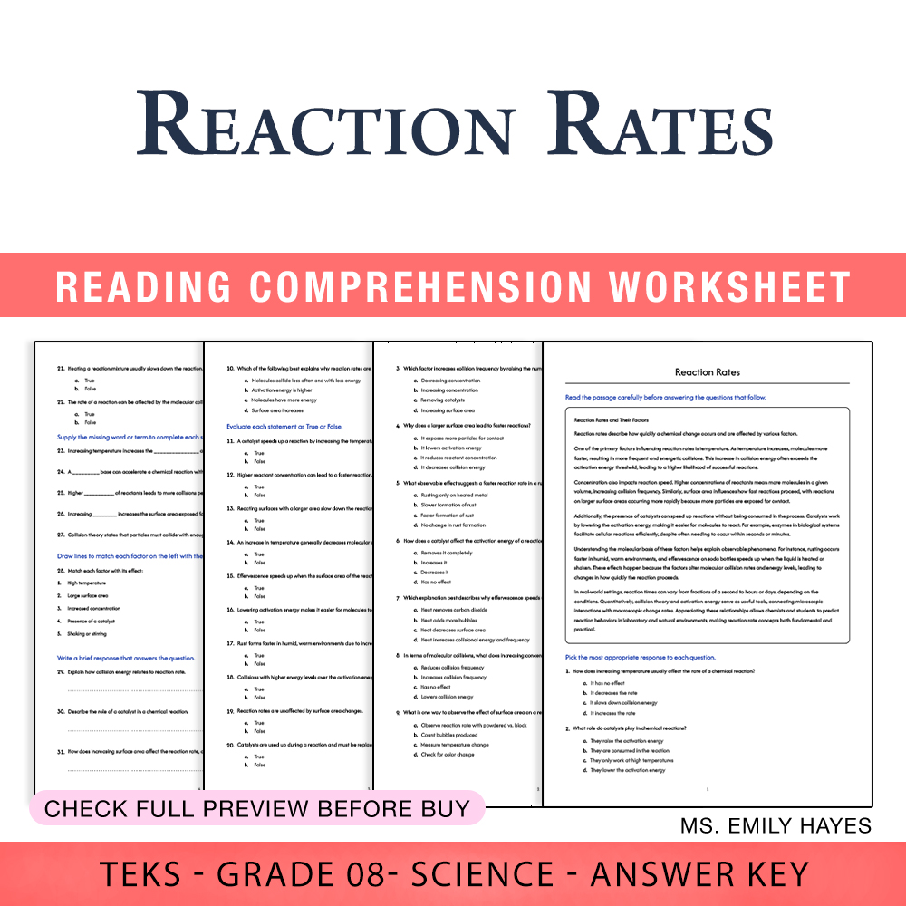Grade 8 Science worksheet worksheet — 8th Grade Science | Reaction Rates Worksheet (PDF+ Answer Key) — page 1